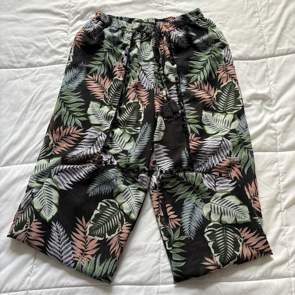 Womens Wide Leg Floral Tropical Beach Summer Cover Up Flowy Drawstring Green